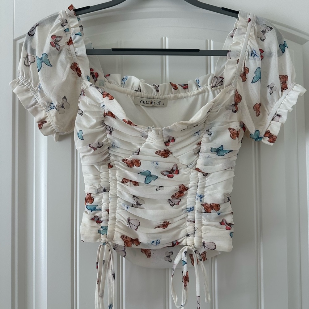 White Butterfly Ruched Puff-Sleeve Crop Top